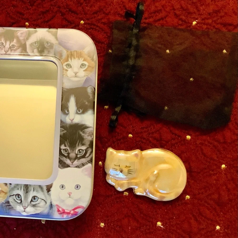 Cat lovers tin, and opal ceramic cat pin with gift bag.